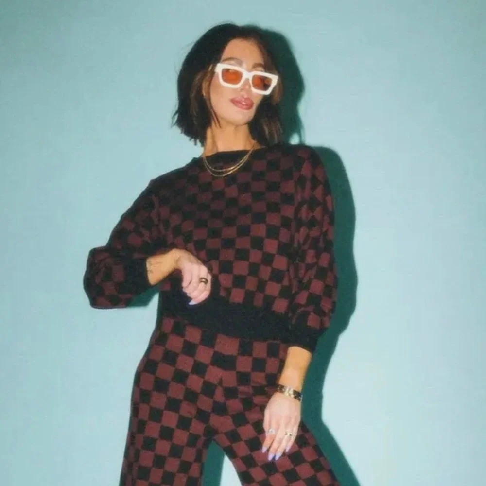 Checkered Crew Neck Sweater - Black and Brown - Picture 2 of 12